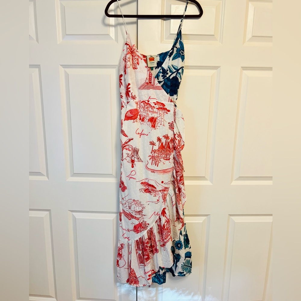 NWT FARM Rio One Red and Blue Dress wrap midi dress size L